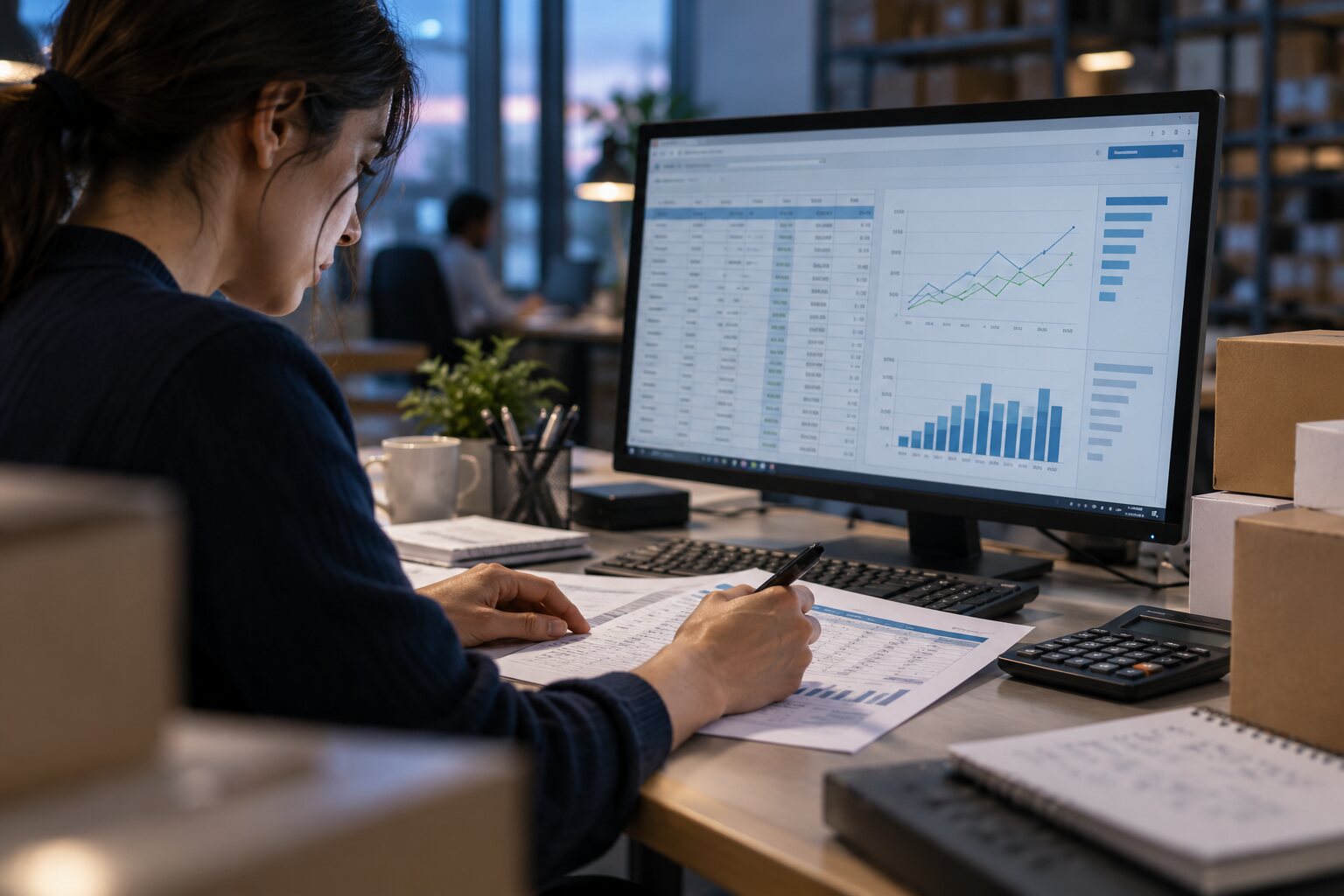 Procurement analyst reviewing supply data on a large screen