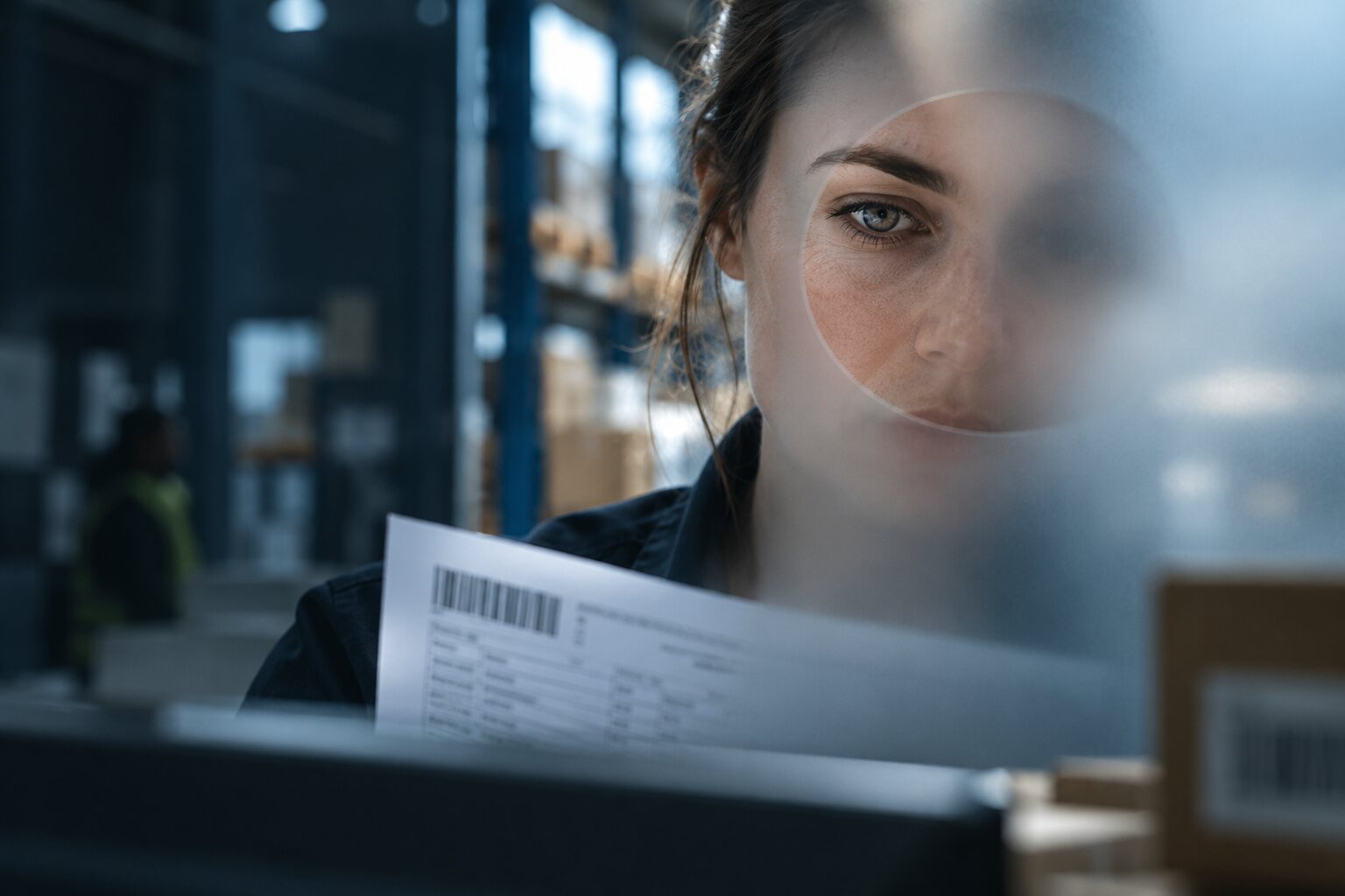 Procurement specialist reviewing supplier information through a frosted glass panel
