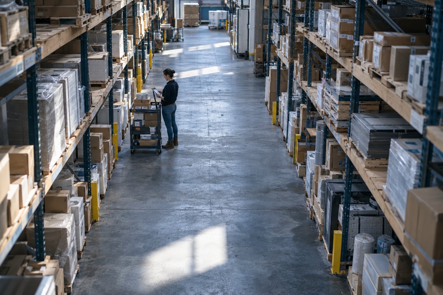 Inventory planner reviewing stock in an organized warehouse aisle