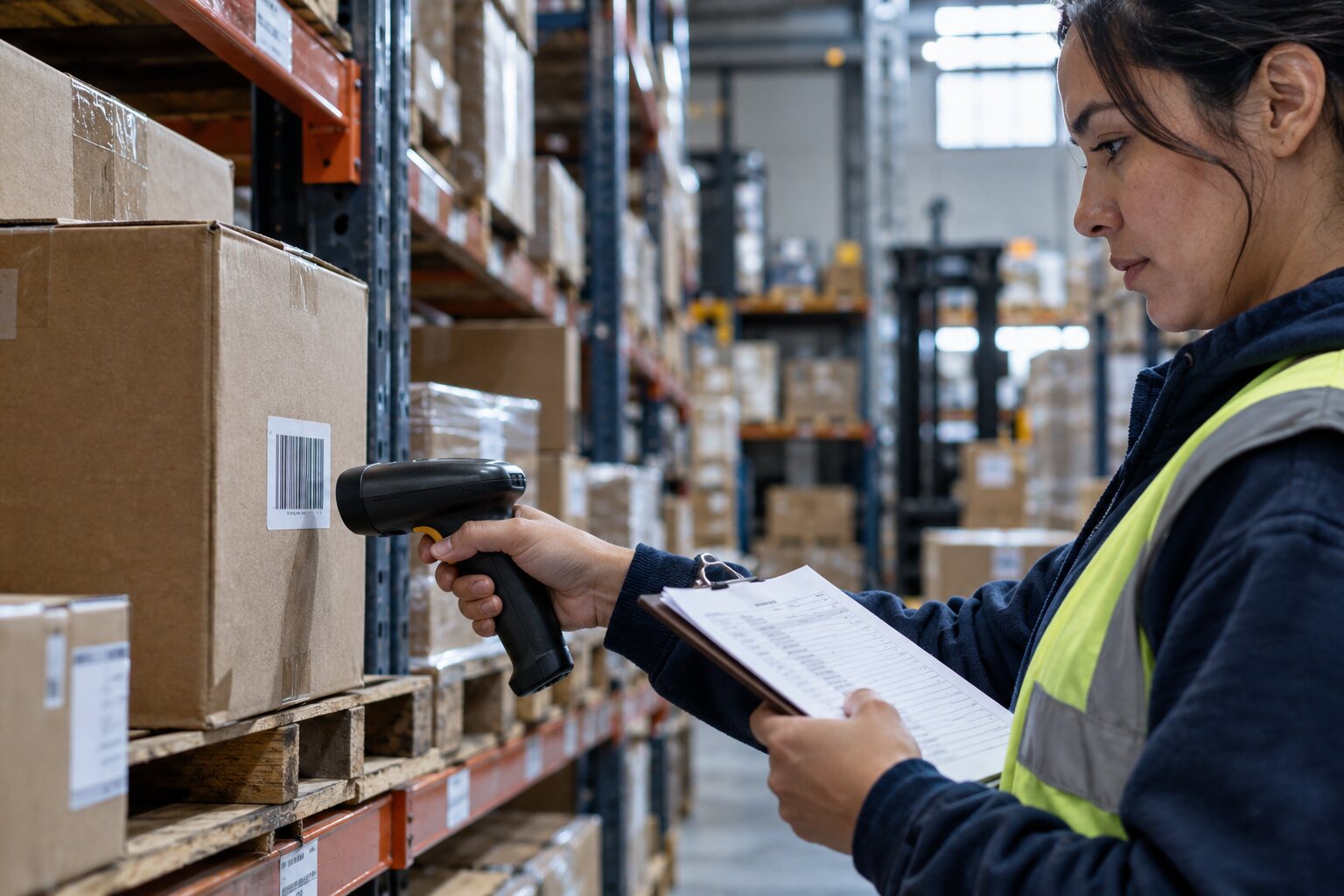 Warehouse employee coordinating a purchase order while scanning inventory