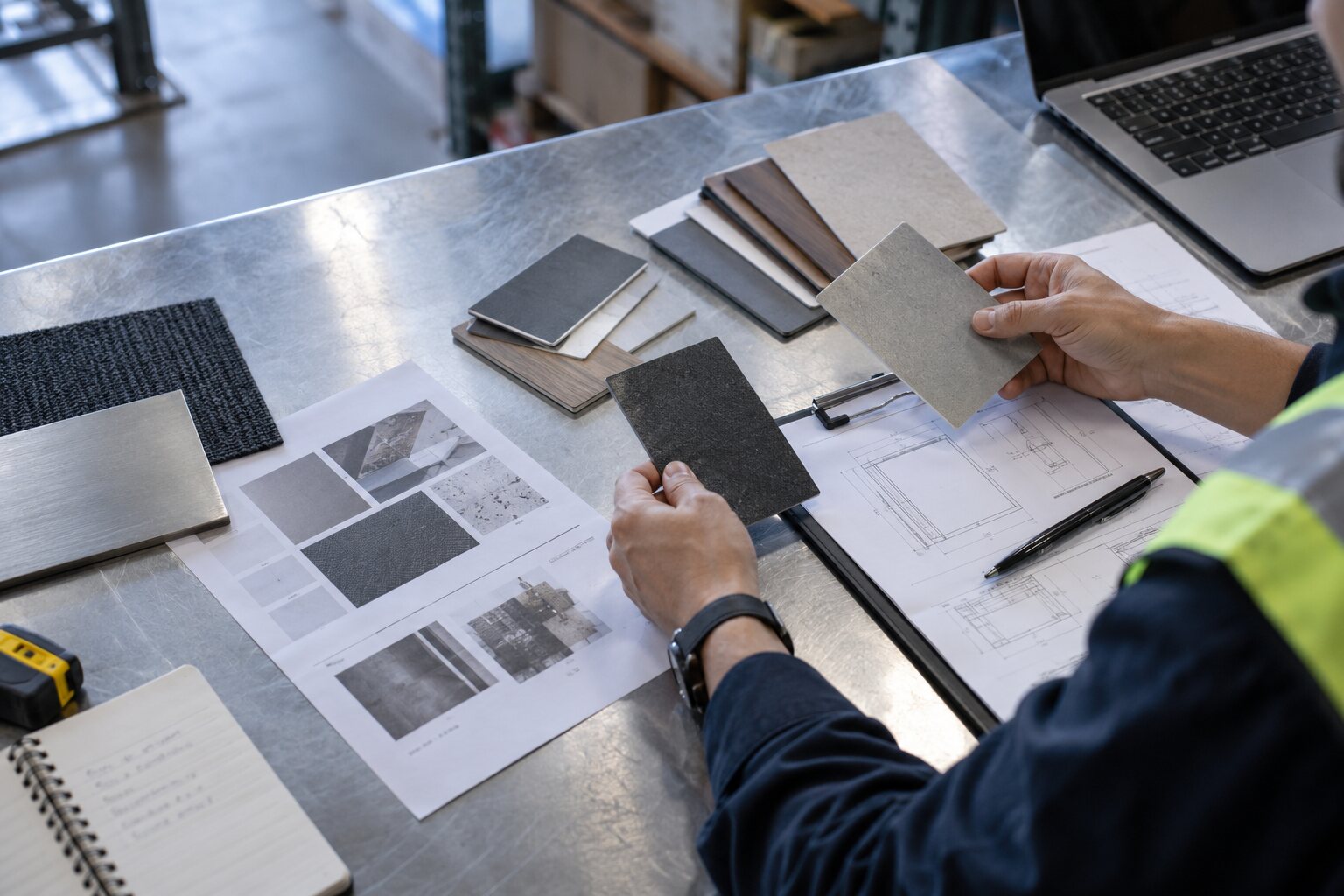 Procurement specialist comparing supplier samples and specification sheets