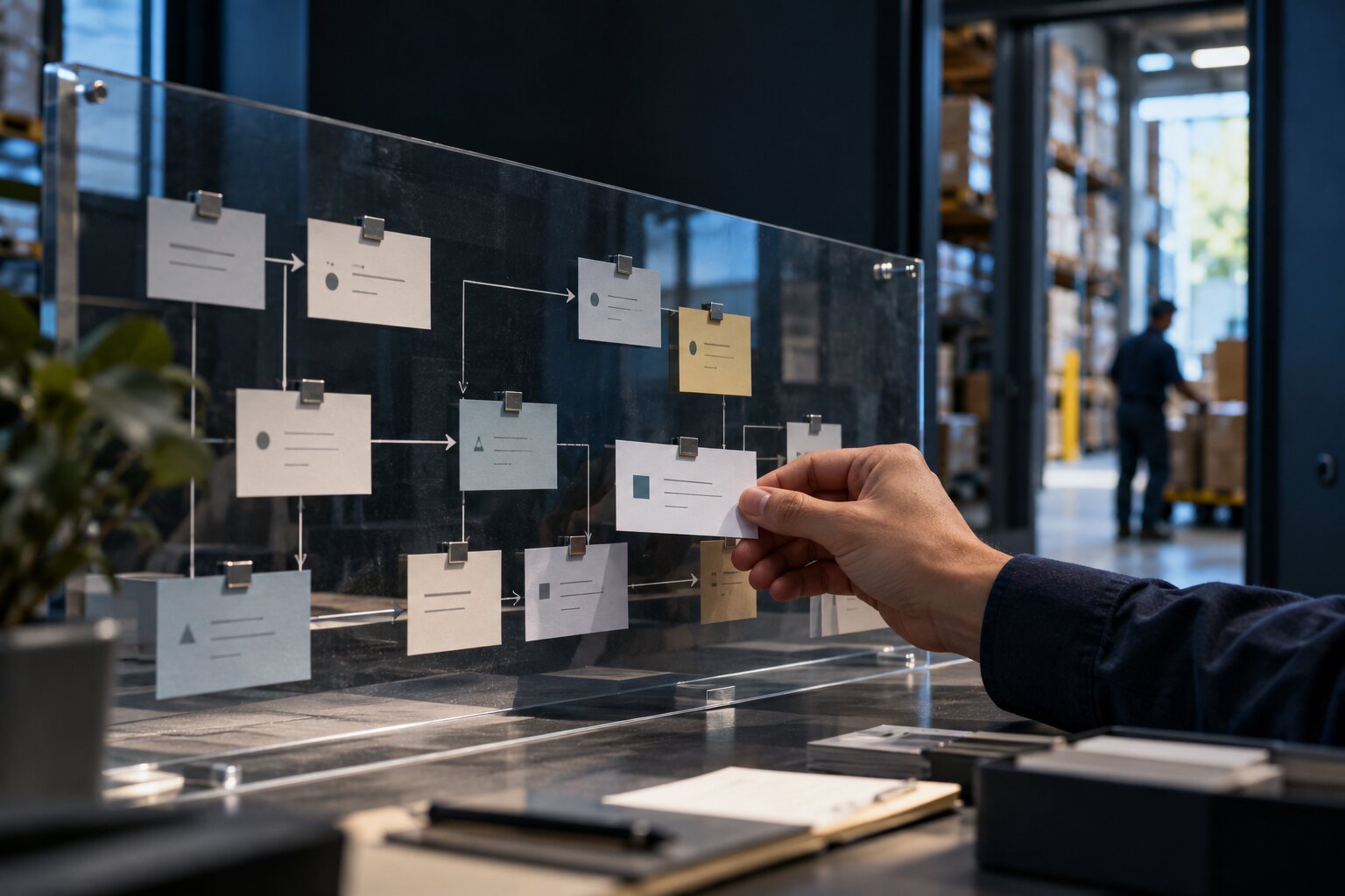 A procurement workflow organized on a transparent planning board